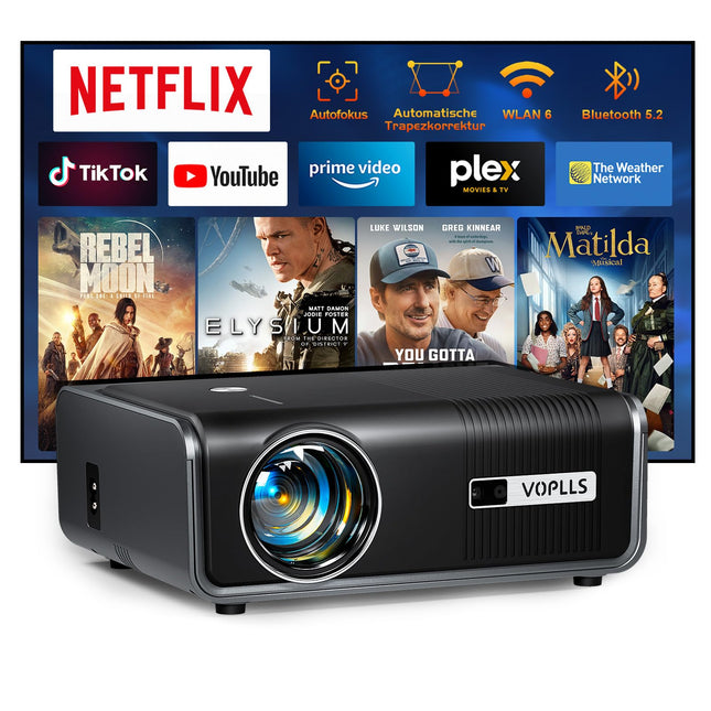 Nutikas projektor【Netflixi ametlik/autofookusega trapetsikorrektsioon】 Full HD 1080P 25000L projektor 4K toega, VOPLLS ​​​​WIFI6 Bluetooth kodukino video-/välisprojektor Androidile/iPhone'ile/mobiiltelefonile statiiviga