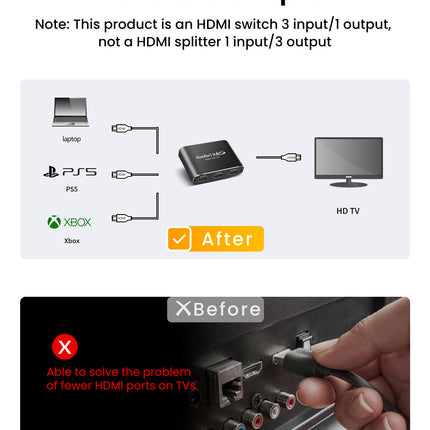 HDMI-lüliti 3-ühes väljundiga 3,9 jala pikkuse HDMI-kaabliga, Avedio Links alumiiniumsulamist HDMI-lüliti, 4K 60Hz HDMI-lüliti toetab Dolby Atmost, HDMI-jaotur 3-ühes väljundiga PS5 Xbox Roku TV Fire Sticki jaoks