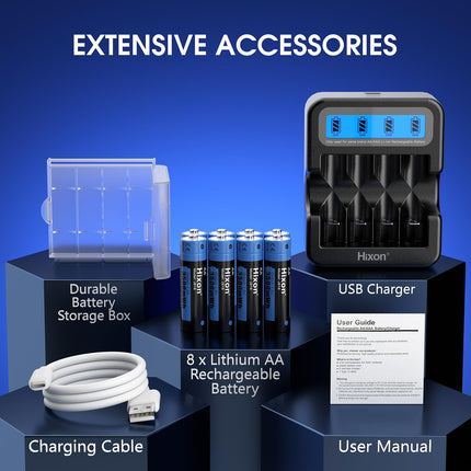 Hixon Lithium AA Battery, Rechargeable 1.5V AA Battery, 3500mWh and 1600 Long Cycles, 8 Pack 1.5V AA Batteries with Black Fast Charging LCD Display Charger