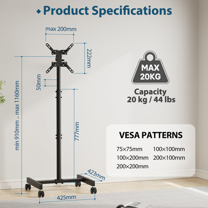 BONTEC ratastega telerialus 13–49-tollistele lamedatele kumeratele teleritele, kaasaskantav mobiilne telekäru 4 rattaga, kõrgusega reguleeritav ratastel telerialus kuni 20 kg, max. VESA 200x200mm kodu- ja kontorikoosolekuteks
