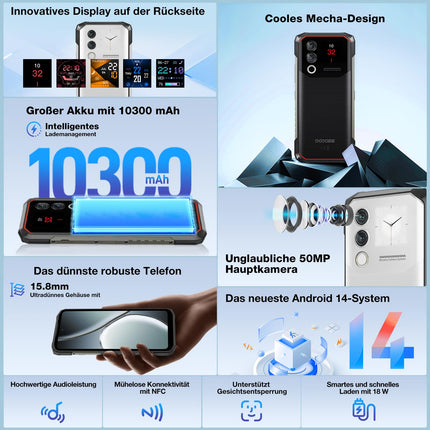 DOOGEE Blade 10 Max välistingimustes kasutatav nutitelefon ilma lepinguta Android 14, 10300mAh, 20(8+12) GB+256GB/2TB TF õues kasutatav nutitelefon, 1.54" tagumine ekraan 6.56” + 90Hz, 50MP+8MP ehitusplatsi telefon, sõrmejäljelugeja/näotuvastuse/NFC/OTG