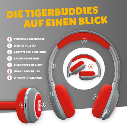 tigermedia tigerbuddies Bluetooth laste kõrvaklapid | Reguleeritav sobivus ja pehmed padjad | Laste kõrvaklapid helitugevuse piirajaga | Pistik ja Bluetooth | 8 tundi juhtmevaba kasutusaega