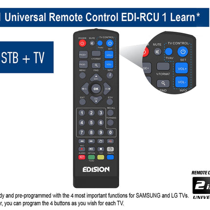EDISION PROTON S2 Full HD satelliitvastuvõtja FTA (ühildub DVB-S2 | ARD ja ZDF SD väljalülitusega), Unicable'iga ühilduv, 2-in-1 kaugjuhtimispult, HDTV, HDMI, SCART, S/PDIF, eelinstallitud Saksa kanalite nimekiri