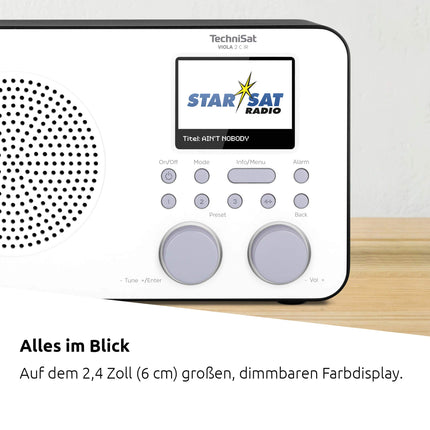 TechniSat VIOLA 2 C IR - kaasaskantav internetiraadio (DAB+, FM, Wi-Fi, 2,4-tolline värviline ekraan, kõrvaklapipesa, äratuskell, unetaimer, 3 vatti RMS, aku, toiteplokk) valge