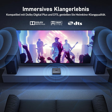 Android TV Box - 4K nutiboks Android TV 14.0, ühildub Google'i ja Netflixi sertifikaatidega, toetab Dolby Vision DD+, DTS-i, 4 GB RAM-i ja 32 GB ROM-i, WiFi6, BT5.0, AV1, HDR10+, häälassistent, Ethernet