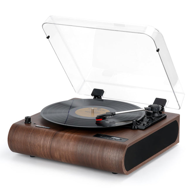 Retrospileri plaadimängija, 3-käiguline Bluetooth-plaadimängija sisseehitatud kõlaritega, FM-raadio, vinüül-MP3-kodeerimine, USB- ja SD-taasesitus, LED-ekraan, puidust retro LP-mängija