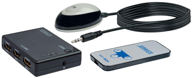SCHWAIGER -HDM31A 531- HDMI-lüliti IR-vastuvõtja/jaoturiga/ 3 sisendit &gt; 1 väljundit/ 3x HDMI-pesa &gt; 1x HDMI-pistik/automaatne/ 1,2 m/must