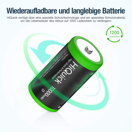 HiQuick 4 x Mono D battery, NI-MH rechargeable D battery, high capacity 10000mAh, 1200 charging cycles, 1.2V type D battery