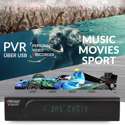 RED OPTICUM AX 300 VFD satelliitvastuvõtja PVR-iga | Digitaalne HD satelliitvastuvõtja tähtnumbrilise ekraaniga - DVB-S2 - HDMI - SCART - USB 2.0 - koaksiaalheli | 12V toiteallikas ideaalne telkimiseks