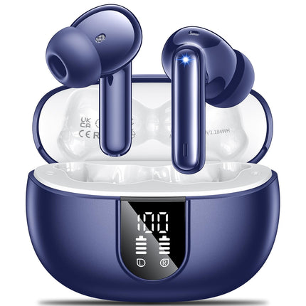 AOVOCE Bluetooth-kõrvaklapid, kõrvasisesed juhtmevabad Bluetooth 5.3 kõrvaklapid 42H sügava bassiga, spordikõrvaklapid 4 mikrofoniga, veekindlad kõrvaklapid ENC mürasummutusega, LED-ekraan, USB-C, tumesinine