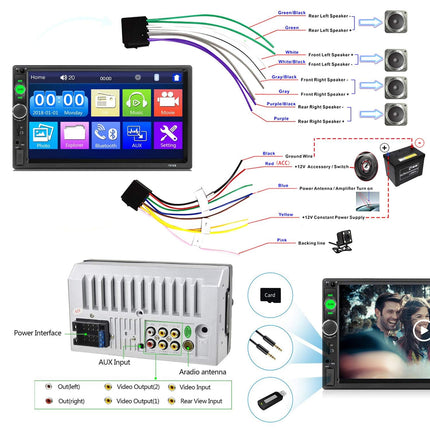 CAMECHO 2 DIN Bluetooth autoraadio, 7-tollise ekraaniga autoraadio, peegliühendusega FM USB/AUX sisend/SD, 2 DIN raadiotelefon tahavaatekaamera puldiga