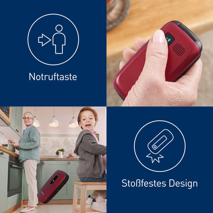Panasonic KX-TU446EXR seenioride mobiiltelefon ilma lepinguta (SOS-hädaabikõne nupp, põrutuskindel, häälevõimendi, suured eraldi klahvid, suur fondi ja numbrite ekraan, valgus, 2,4-tolline värviline ekraan, klapitav telefon, punane)