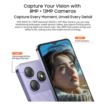 Blackview Wave 8 4G Android 14 nutitelefon ilma lepinguta, 12 GB + 128 GB (2 TB väline SD-kaart), 6,56-tolline HD+ ekraan (silmadele mugav režiim), 13 MP + 8 MP, kahe SIM-kaardiga mobiiltelefon, Smart-K Box kõlar, GPS, lilla