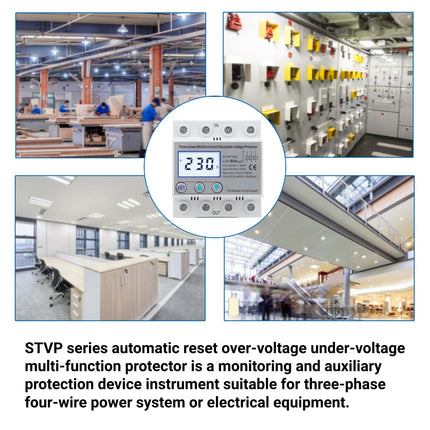 Pingekaitse, 230V/400V AC reguleeritav pingekaitse STVP-932 3-faasiline LCD multifunktsionaalne iselähtestuv ülepingekaitse (50A)