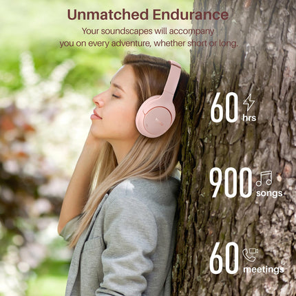 TOZO HT2 Over-Ear Headphones Bluetooth, Hybrid Active Noise Cancelling Headphones, Wireless Bluetooth Headphones with App Control, Hi-Res Audio, 60 Hours Playtime, Deep Bass, Comfortable Ear Cups, Pink