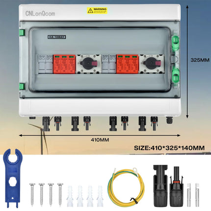 Ülepingekaitse PV - 1000V 32A Päikesepaneelide ühenduskarp, piksekaitse, alalisvoolu lahtiühendamise lüliti, PV-süsteem, 2-poolne (2 sisendit, 2 väljundit), alalisvoolu ühenduskarbi kaitselüliti, päikesepaneelide toitepistik