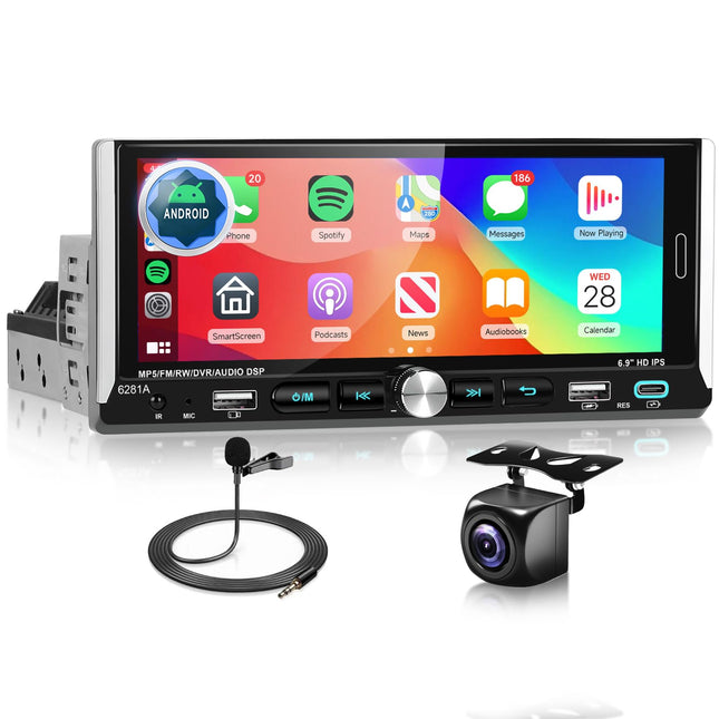 1-DIN autostereo juhtmevaba CarPlayga, Android Auto, Podofo Android raadio, 6,9-tolline puutetundliku ekraaniga automängija, mis toetab Bluetoothi/EQ/Mirror Linki, USB-A ja USB-C sisendit