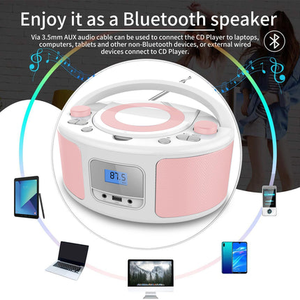 Kaasaskantav CD-mängija Boombox Bluetoothiga | Pult | FM-raadio | USB | MP3 taasesitus | Ühildub CD-R/CD-RW plaatidega (roosa + valge)