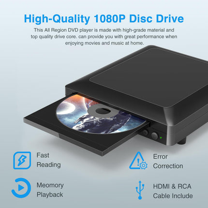 Ceihoit DVD-mängija telerile HDMI AV-väljundiga, USB-sisendiga, HD1080P DVD-CD-mängijaga, sisseehitatud PAL NTSC-süsteemiga, kõikide regioonide vaba, HDMI/AV-kaabel kaasas