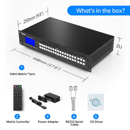 Yinker 4K HDMI maatriks 16x16, 16 sisendit ja 16 väljundit riiulile paigaldatav HDMI jaotuslüliti ja ekraanijagaja, 4K @ 30Hz EDID HDCP RS232 LAN-juhtimine