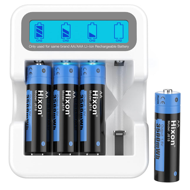 Hixon Rechargeable 1.5V AA Lithium Battery, 3500 mWh with 1600 Long Cycles, 2.0 Hours Fast Charge, 4 Pack Lithium 1.5V AA Batteries and White Smart LCD Display Charger