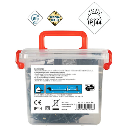 Idena 31816 - 240 sooja valge LED-iga LED-valguskett, trafoga, plastkarbis, umbes 21 m pikk, sise- ja välistingimustes kasutamiseks, pidudeks, jõuludeks, kaunistuseks, pulmadeks, meeleoluvalgustuseks