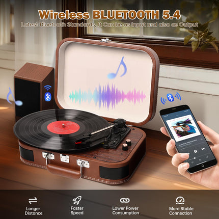 Record player case with speaker &amp; Bluetooth 5.4 | 3 speeds (33/45/78 rpm) • Portable record player • Vinyl-to-MP3 converter • Retro design brown