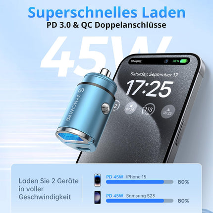 SYNCWIRE 90W sigaretisüütaja USB-C ja USB-autoadapter [PD 45W ja QC 45W] Supermini metallist autolaadija USBC kiirlaadimiseks, ühildub iPhone 15 14 13 12 Pro Maxi, Google Pixel 7, Samsungi, sinisega