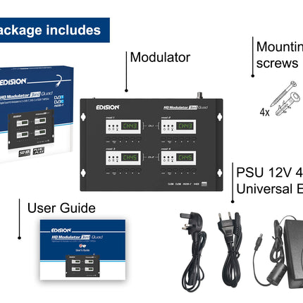 EDISION HDMI modulaator 3in1 Quad, 4x HDMI maapealse DVB-T, ISDB-T või kaabel DVB-C MPEG4 jaoks, 3 valitavat modulatsiooni väljundsignaali, Full HD jaotus koaksiaalkaabli kaudu, Plug and Play