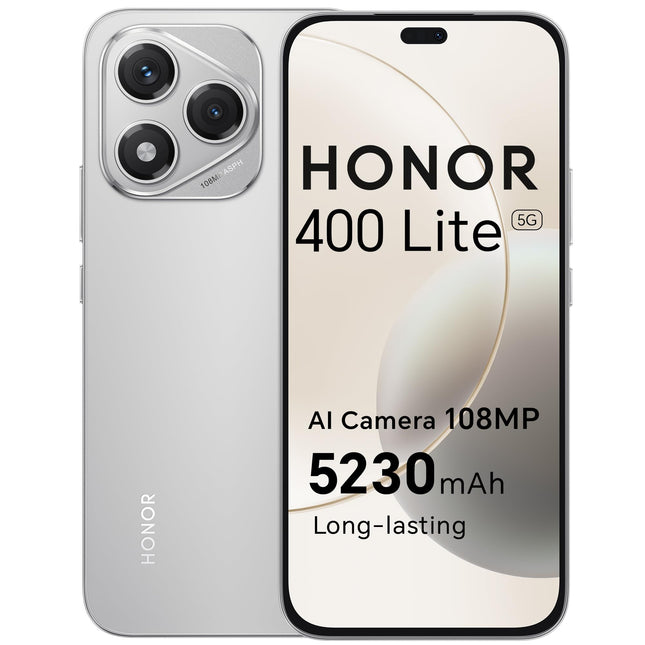 HONOR 400 Lite 5G nutitelefon, 256 GB/8 GB muutmälu, lukustamata Android-telefon ilma lepinguta (108 MP tehisintellektiga kaameranupuga, 6,7-tolline ekraan, 5230 mAh, Android 15, kahe SIM-kaardiga, NFC), samethall