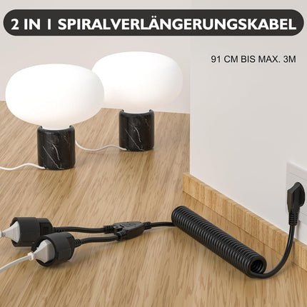 Kaitsekontaktiga spiraalpikenduskaabel, Schuko pikenduskaabel 2 Schuko pistikupesaga, 3M kaitsekontaktiga spiraalkaabel, venitatav 0,9 m kuni 3 m, 230V/16A PVC pikenduskaabel, must