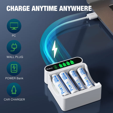 POWXS akulaadija 4 sektsiooniga, mahutab 4 x AA ja 4 x AAA suure mahutavusega akusid, akulaadija 4 sektsiooniga LCD-ekraani ja kiirlaadimisfunktsiooniga, toetab USB ja C-tüüpi sisendit