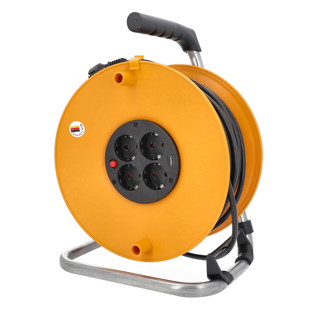 as - Schwabe kaablirull 50 m - 4 sisseehitatud pistikupesa - ülekuumenemiskaitse - seisupidur - 230V/16A/3500W - kaablijuhik - valmistatud Saksamaal - IP20 - oranž, 11481