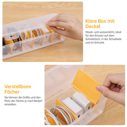 PAVSTINE kaablikorraldaja karp, 2 tk pakis, kaablikarp plastist läbipaistev, kaablikorraldaja, 7 eemaldatavat vaheseina, kohandatav kaablikorraldaja, valge kaablikarp