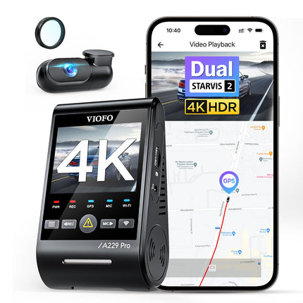 VIOFO A229 Pro 4K + 2K kahekordne STARVIS 2, HDR esi- ja tagakaamera autole, hääljuhtimine ja 5 GHz WiFi autokaamera, ülitäpne GPS CPL-filtriga, Super Night Vision 2.0, häälväljund, kuni 512 GB max