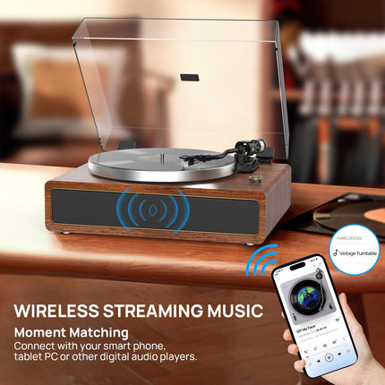 Retrolife Record Player with Integrated Speakers Belt Drive 33/45 RPM Vinyl Record Player Supports Bluetooth Playback with Auto-Stop Function RCA Out and AUX-In Yellow-Brown