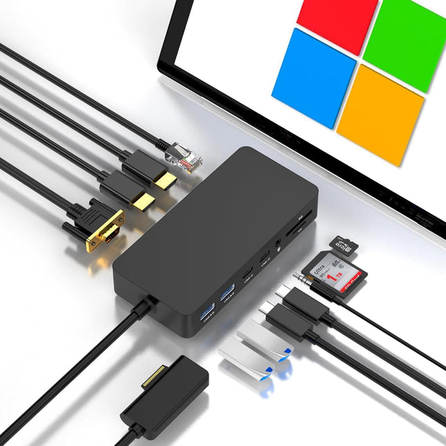 Microsoft Surface Dock 2 toiteadapteriga, 12-in-1 dokkimisjaam kahe HDMI+VGA-pordiga Surface Pro 11/10/9/8/X/7/6/5/4/3, sülearvuti 7/6/5/4/3/2/1, raamatu dokkimisjaam