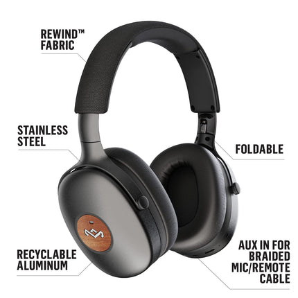 House of Marley Positive Vibration XL ANC kõrvapealsed mürasummutavad kõrvaklapid, juhtmevabad Bluetooth-kõrvaklapid - jätkusuutlikest materjalidest Bluetooth-kõrvaklapid, 35 tundi taasesitust, mikrofon, ANC-kõrvaklapid, mustad