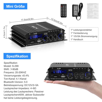 S-299 4.1-kanaliga HiFi võimendi, RMS 40Wx4+50W Bluetooth mini-audiovõimendi, max. 800W võimsus, passiivne subwoofer-võimendi, DC 12V/5A kodukõlaritele, USB SD-pesa, AUX