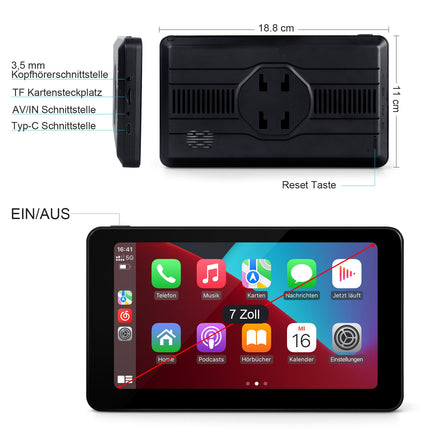 Aonerex kaasaskantav CarPlay ekraan, juhtmevaba Android Auto HD tahavaatekaameraga, 7-tolline IPS-ekraan, Bluetooth käed-vabad kõned, Siri, häälassistent, GPS-navigatsioon, MirrorLink, FM