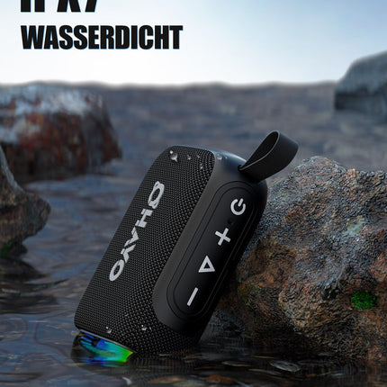 OHAYO Small Bluetooth Speaker with RGB Light, Bluetooth 5.3 Music Box with IPX7 Waterproof, 24H Battery, Stereo Pairing, Portable Mini Speaker for iPhone, Party, Garden, Black