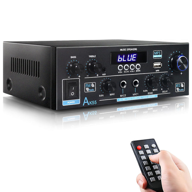 WOOPKER AK55 HiFi võimendi Bluetoothiga 70W x2 minivõimendi kodukino stereo võimendi AV-vastuvõtja kõrgete ja basssageduste USB/RCA/MIC/FM-iga (AK55)