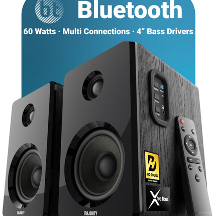 MAJORITY D40 Bluetooth-kõlarid | 60 W 2.0 aktiivkõlar | Stuudiomonitor 4-tollise draiveriga | Riiulikõlarid HiFi-stereo jaoks optiliste, RCA, USB ja AUX sisenditega | Kaugjuhtimispult