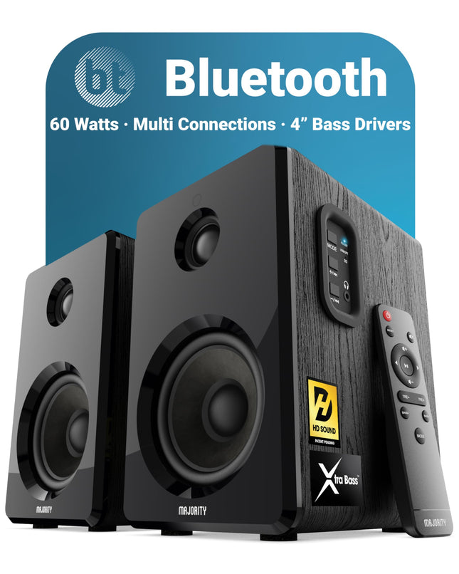 MAJORITY D40 Bluetooth-kõlarid | 60 W 2.0 aktiivkõlar | Stuudiomonitor 4-tollise draiveriga | Riiulikõlarid HiFi-stereo jaoks optiliste, RCA, USB ja AUX sisenditega | Kaugjuhtimispult