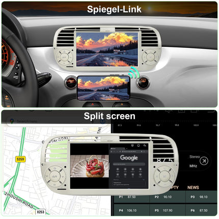 [Cream 4+64GB] Autoraadio FIAT 500 2007-2015 mudelile, 7-tolline puutetundlik ekraan, Android 14 raadio tugi, juhtmevaba Carplay/Android Auto, GPS navigatsioon, WiFi, 4G, Bluetooth, 5.0, FM RDS, DSP, SWC, DAB+, OBD, USB