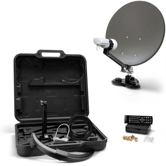 XORO 38,5 cm matkasatelliitantenn MCA 38 HD komplekt, sh FullHD DVB-S2 vastuvõtja, üks LNB integreeritud satelliidiotsijaga, 10 m kaabel, kronsteinid, kõvas kohvris