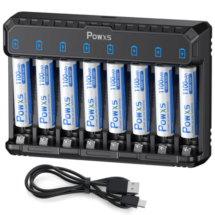 POWXS Battery Charger with AAA Battery 1100mAh 8 Pack, 8-Charging Slot Universal Battery Charger with LED Display for NI-MH NI-CD Lithium Batteries, 8 Rechargeable Batteries AAA USB &amp; Type-C Input
