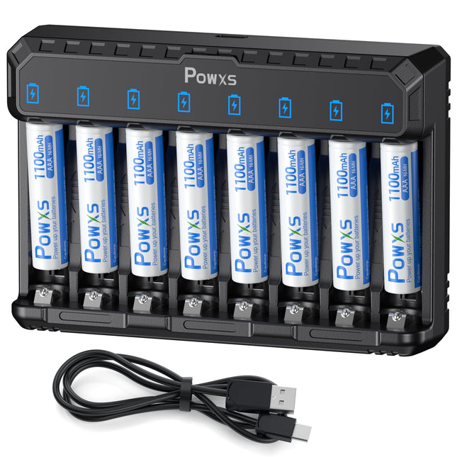 POWXS Battery Charger with AAA Battery 1100mAh 8 Pack, 8-Charging Slot Universal Battery Charger with LED Display for NI-MH NI-CD Lithium Batteries, 8 Rechargeable Batteries AAA USB &amp; Type-C Input