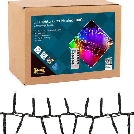 Idena 31109 - NewTeci LED-valguskett sise- ja välistingimustes kasutamiseks 800 LED-iga, vikerkaarevärvides valgustus 8 valgusastmega, dimmer, toiteplokk ja 8-tunnine taimerfunktsioon.