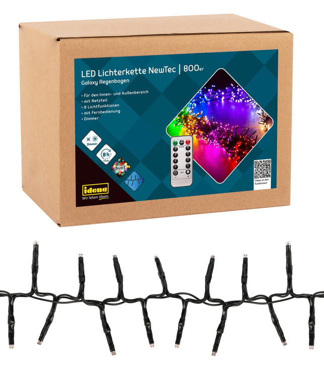 Idena 31109 - NewTec LED light chain for indoor &amp; outdoor use with 800 LEDs, lighting in rainbow colors with 8 light settings, dimmer, power supply and 8-hour timer function
